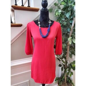 My Story Women's Solid Red Polyester Round Neck Long Sleeve Knee Length Dress S